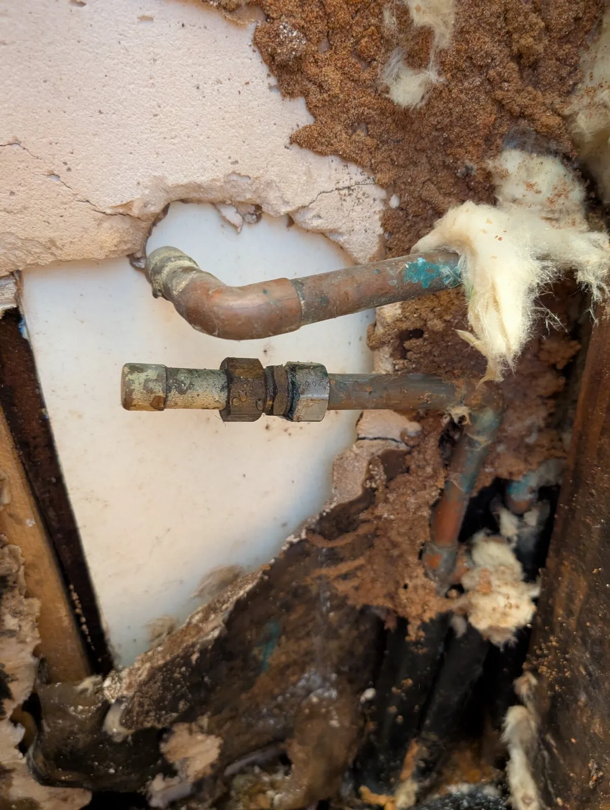 A corroded copper pipe in an opened wall above stained insulation.
