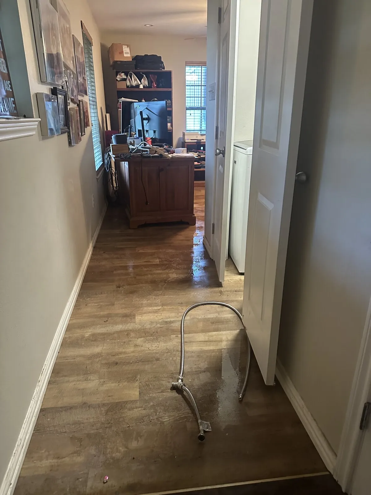 An extraction hose run down a hardwood hallway into the rest of the house.