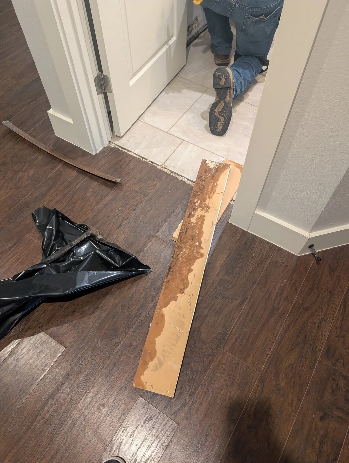A length of flooring lifted away from a wood floor and laid on plastic.