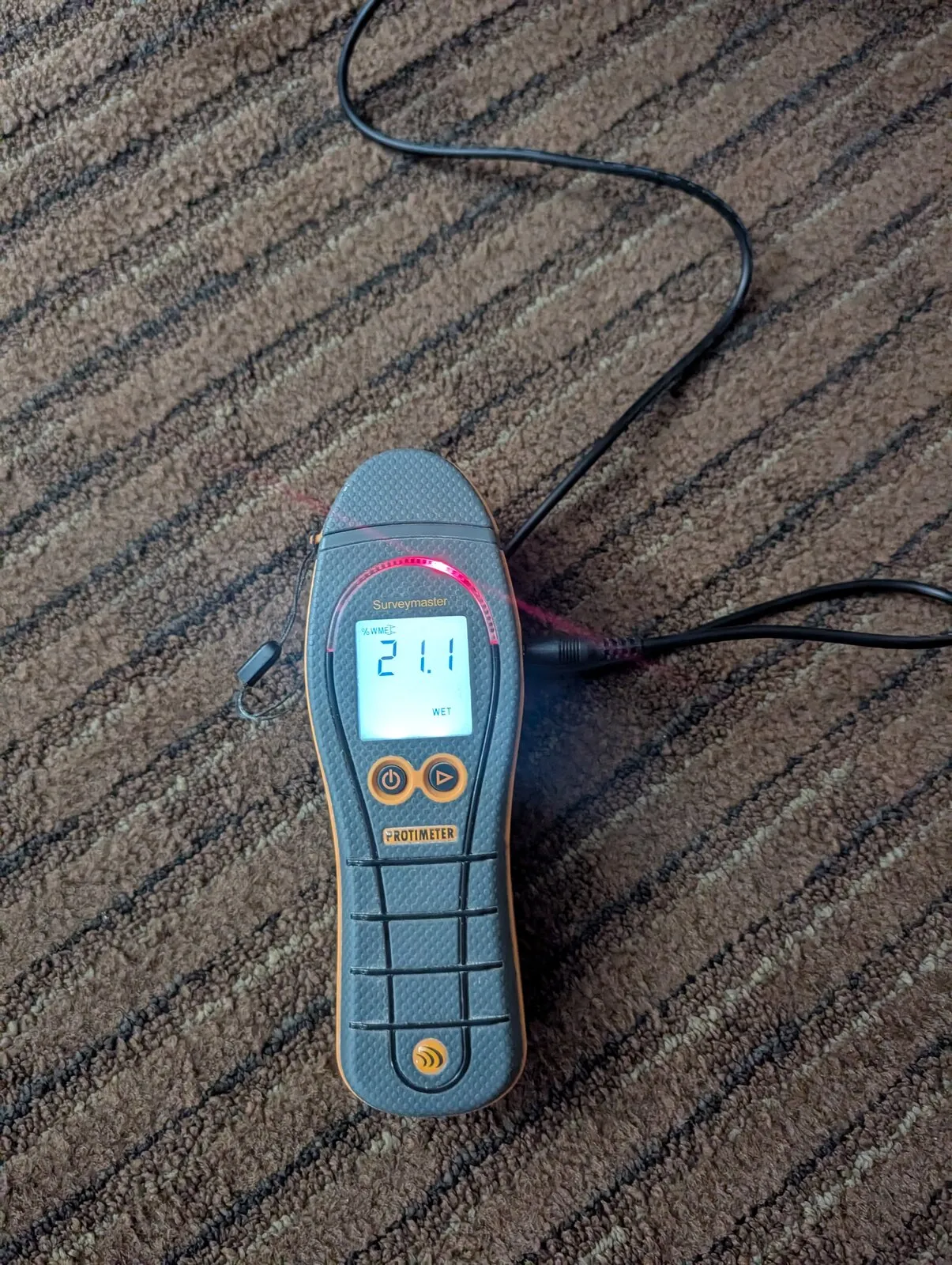 A moisture meter reading on carpet, its probe leads run out across the pile.