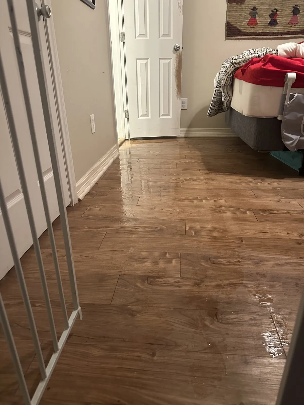 Water spreading across a wood floor toward an open doorway.